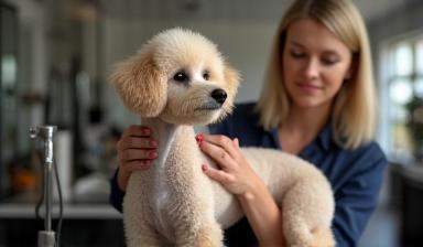 Professional groomer styling a poodle