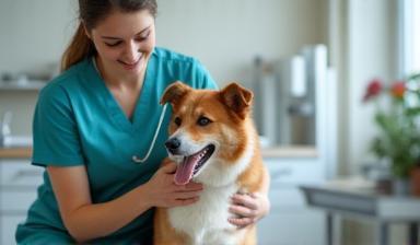 Veterinary assistant helping a veterinarian with a dog
